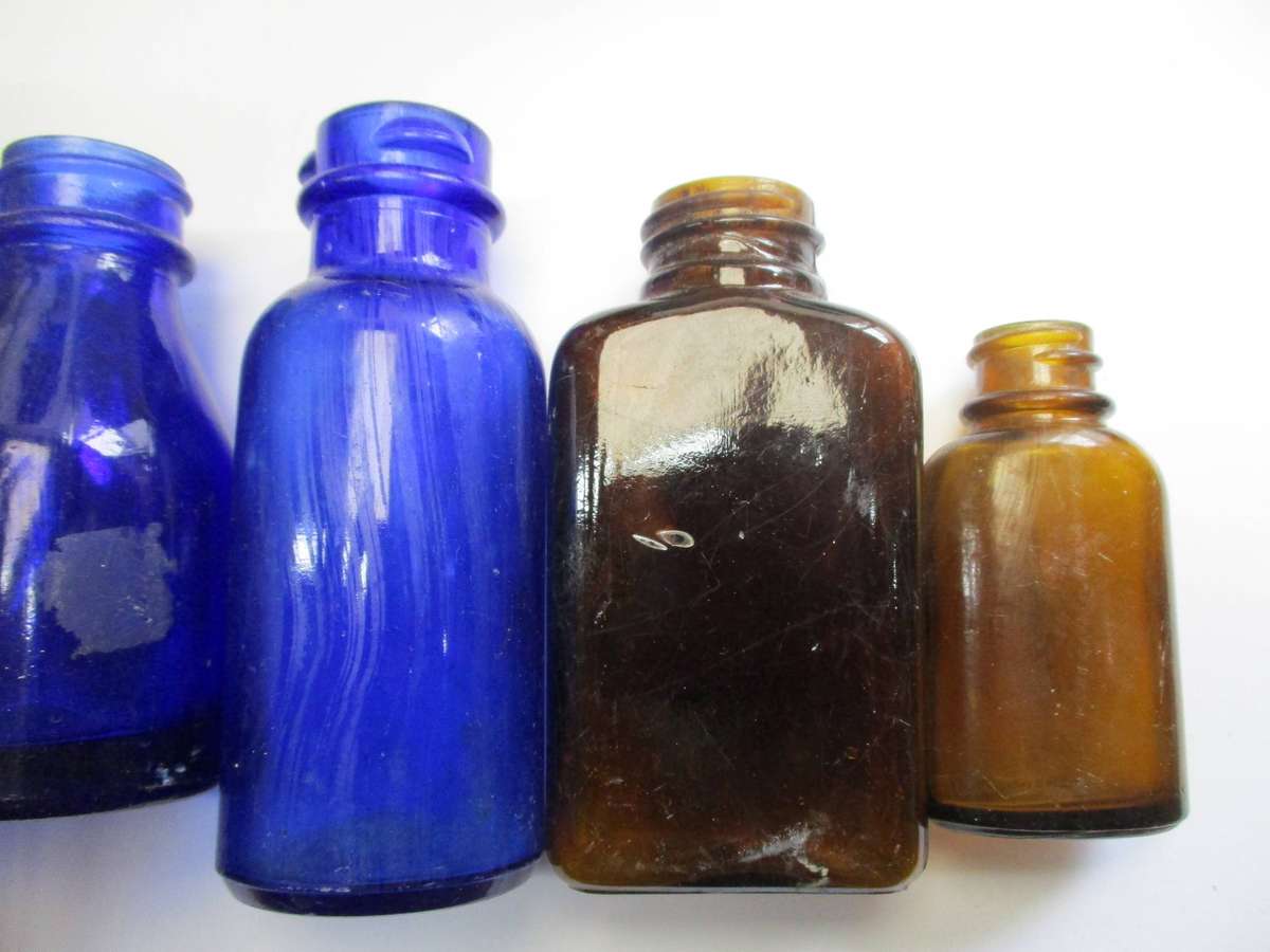 Vintage Medicine Bottles / Cobalt blue glass / brown glass