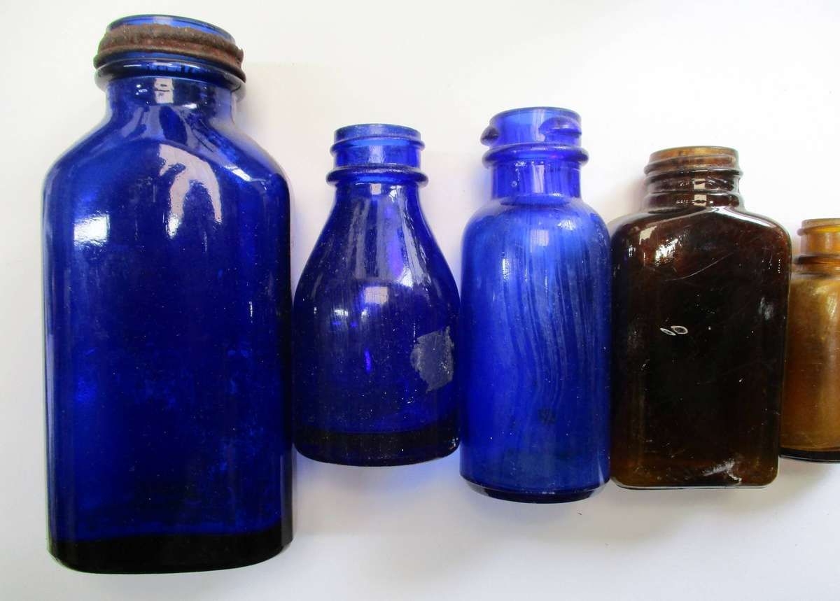 Vintage Medicine Bottles / Cobalt blue glass / brown glass