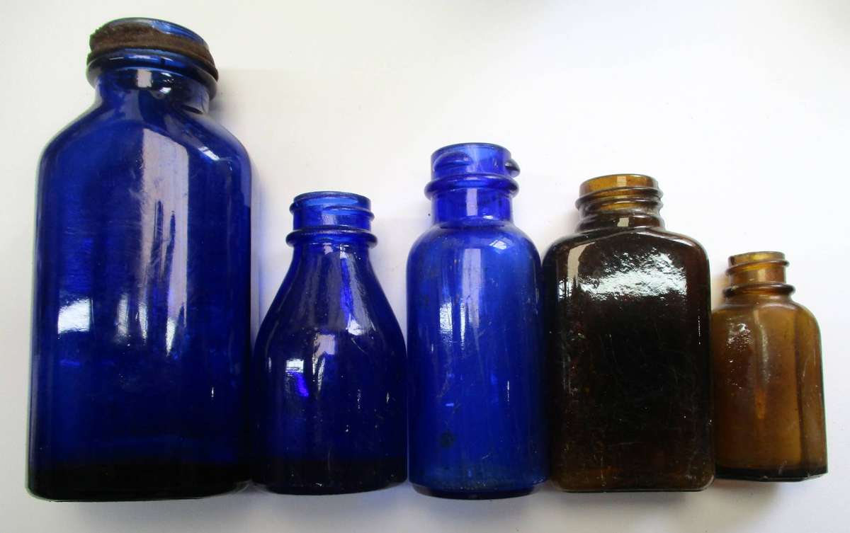 Vintage Medicine Bottles / Cobalt blue glass / brown glass
