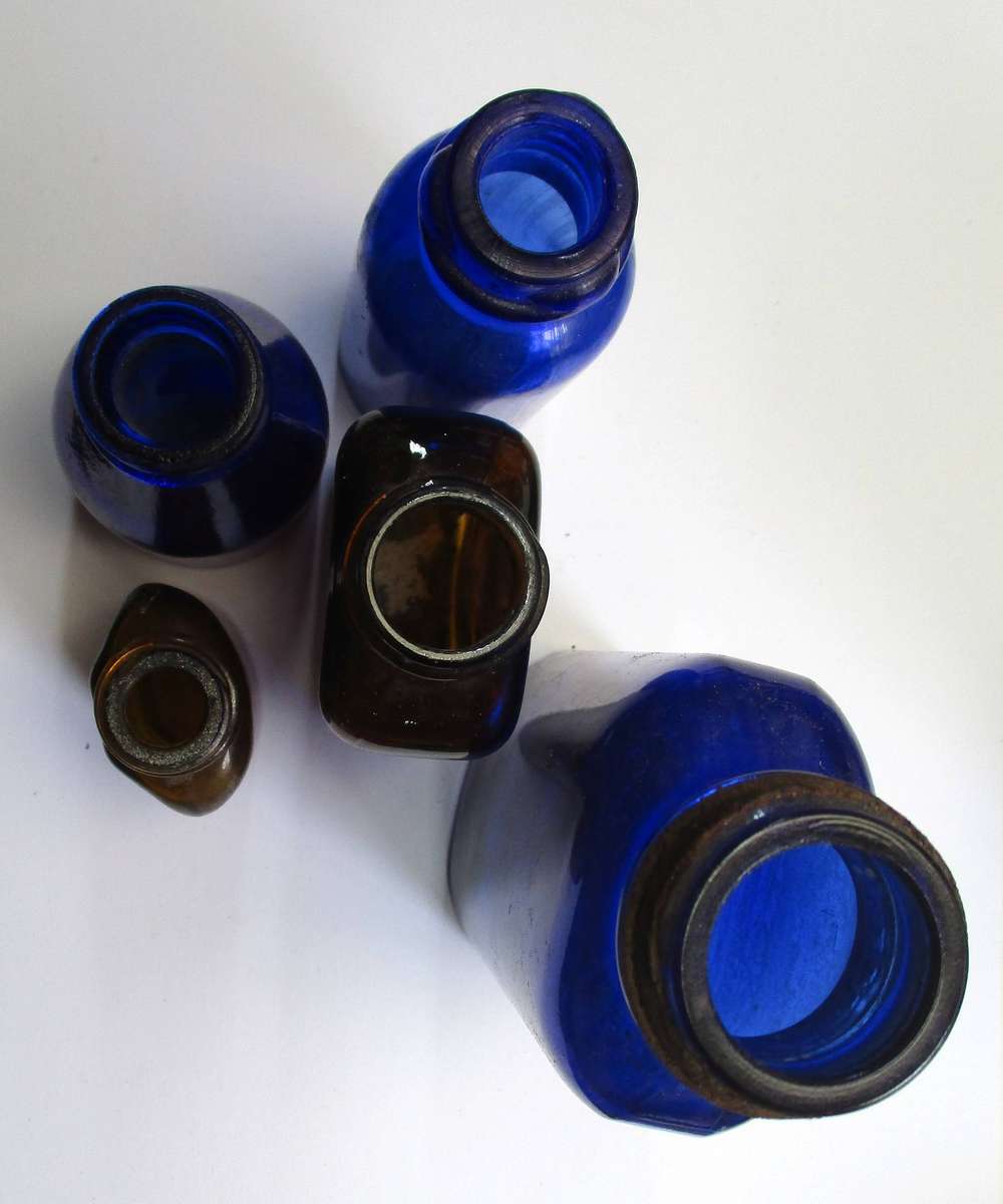 Vintage Medicine Bottles / Cobalt blue glass / brown glass