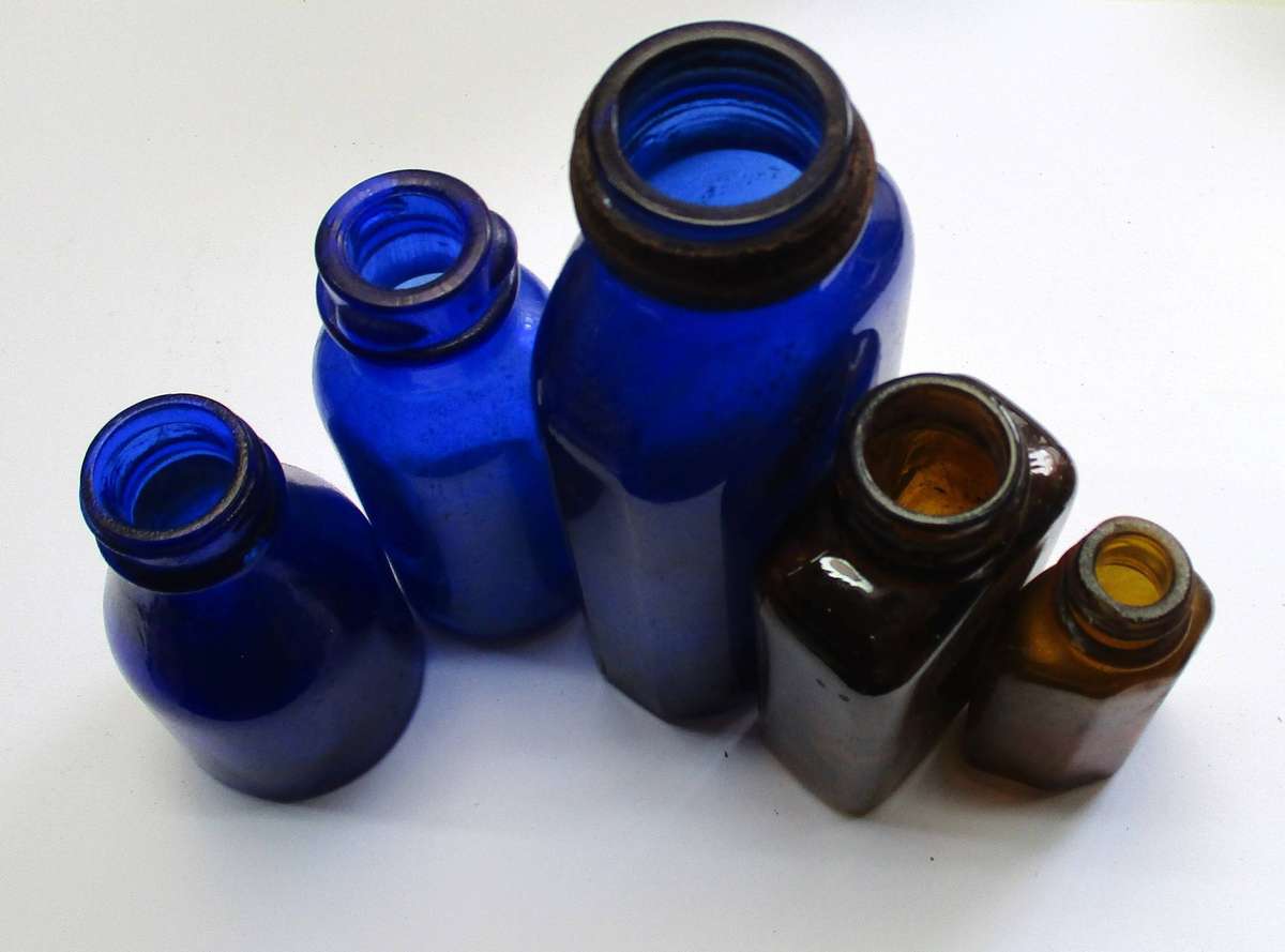 Vintage Medicine Bottles / Cobalt blue glass / brown glass