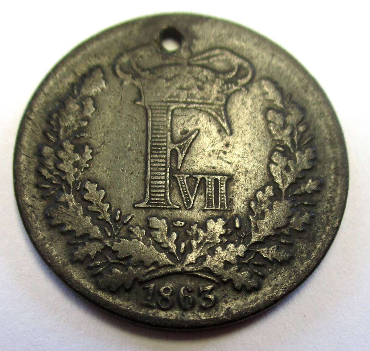 Denmark - 1 Skilling Rigsmønt - Frederik VII 1863 - Holed