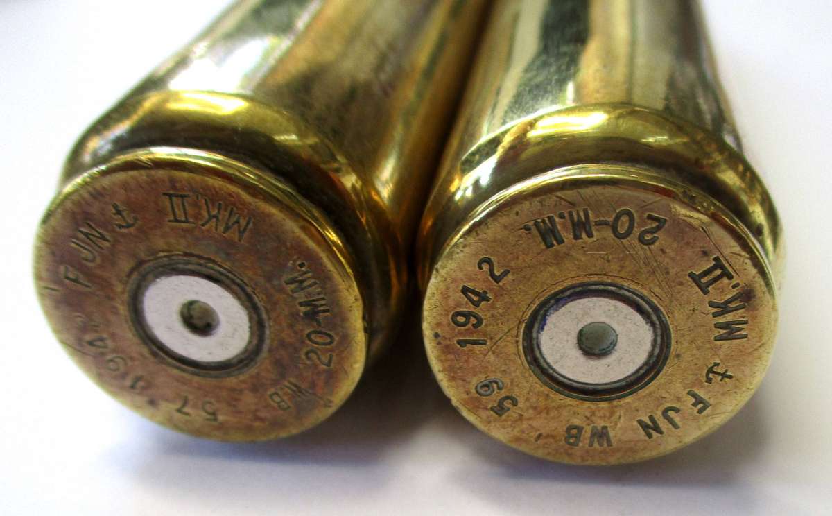 Two WW2 MkII 20mm Brass Shells - 1942 -USA made (FJN  WB)