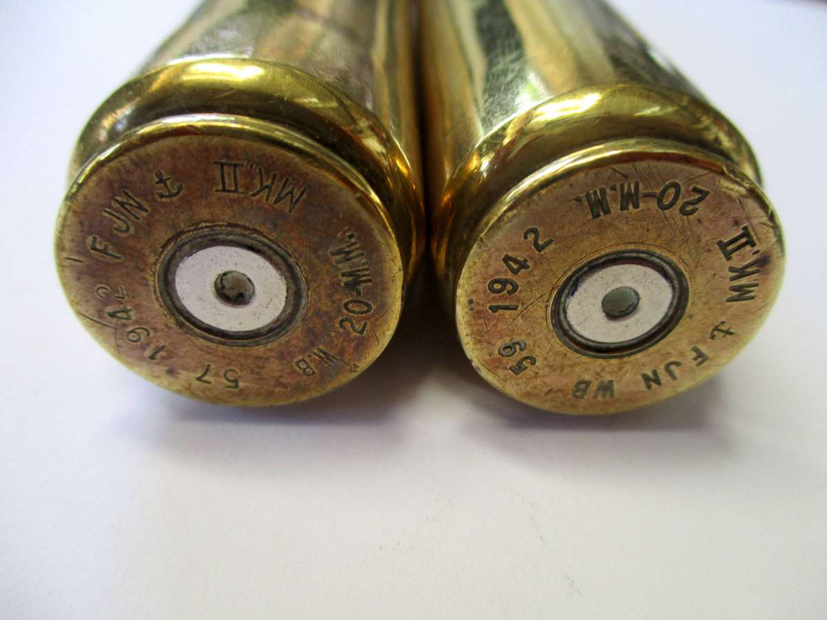 Two WW2 MkII 20mm Brass Shells - 1942 -USA made (FJN  WB)