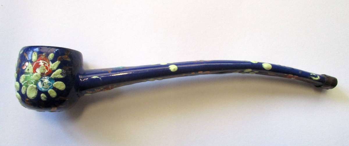 Vintage Enamel and Metal Pipe Smoking Hand Painted Folk