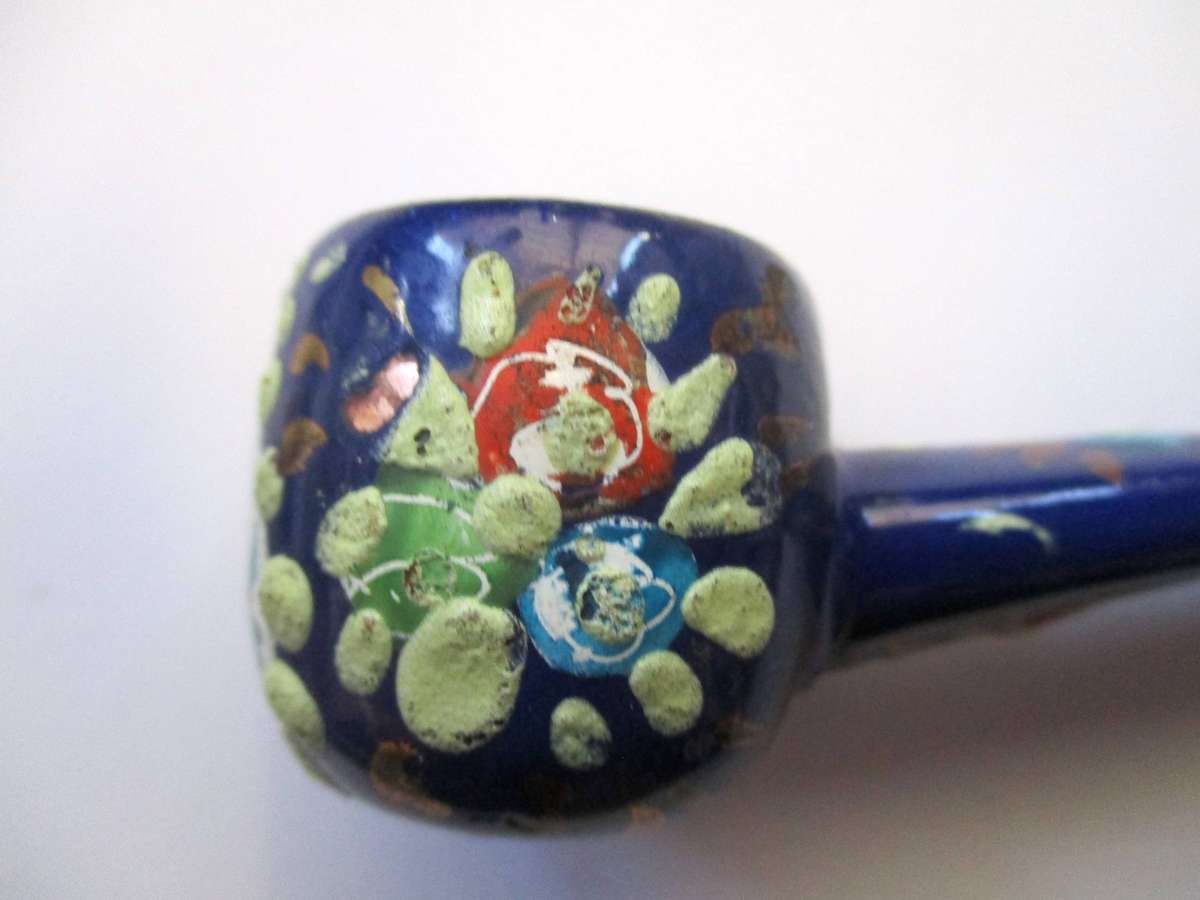 Vintage Enamel and Metal Pipe Smoking Hand Painted Folk