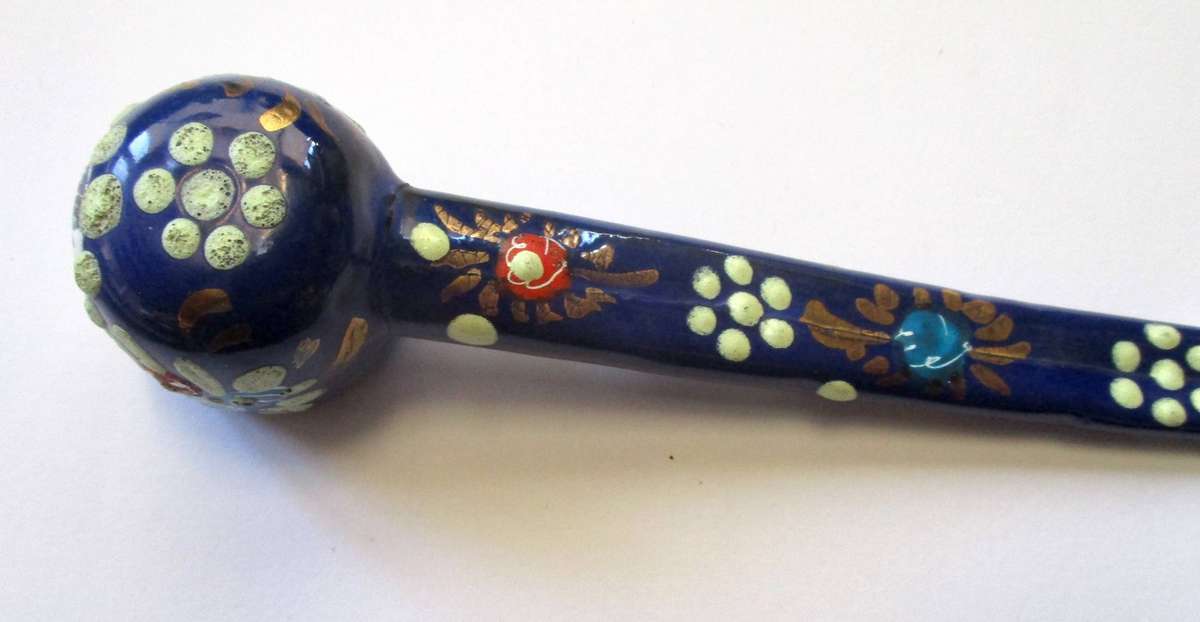 Vintage Enamel and Metal Pipe Smoking Hand Painted Folk