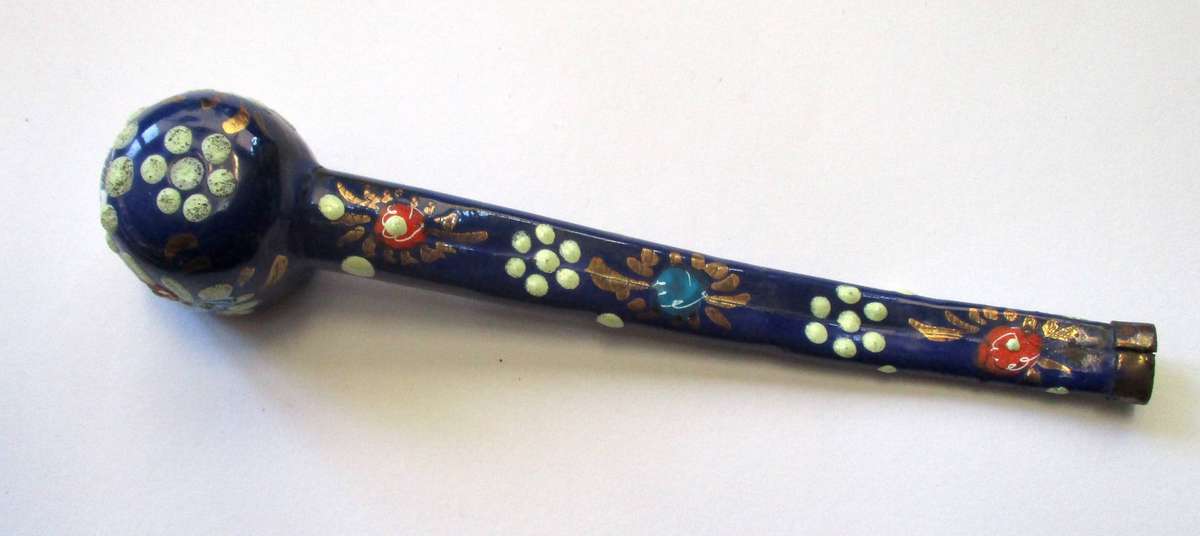 Vintage Enamel and Metal Pipe Smoking Hand Painted Folk