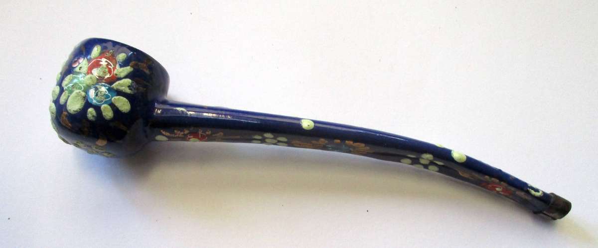 Vintage Enamel and Metal Pipe Smoking Hand Painted Folk