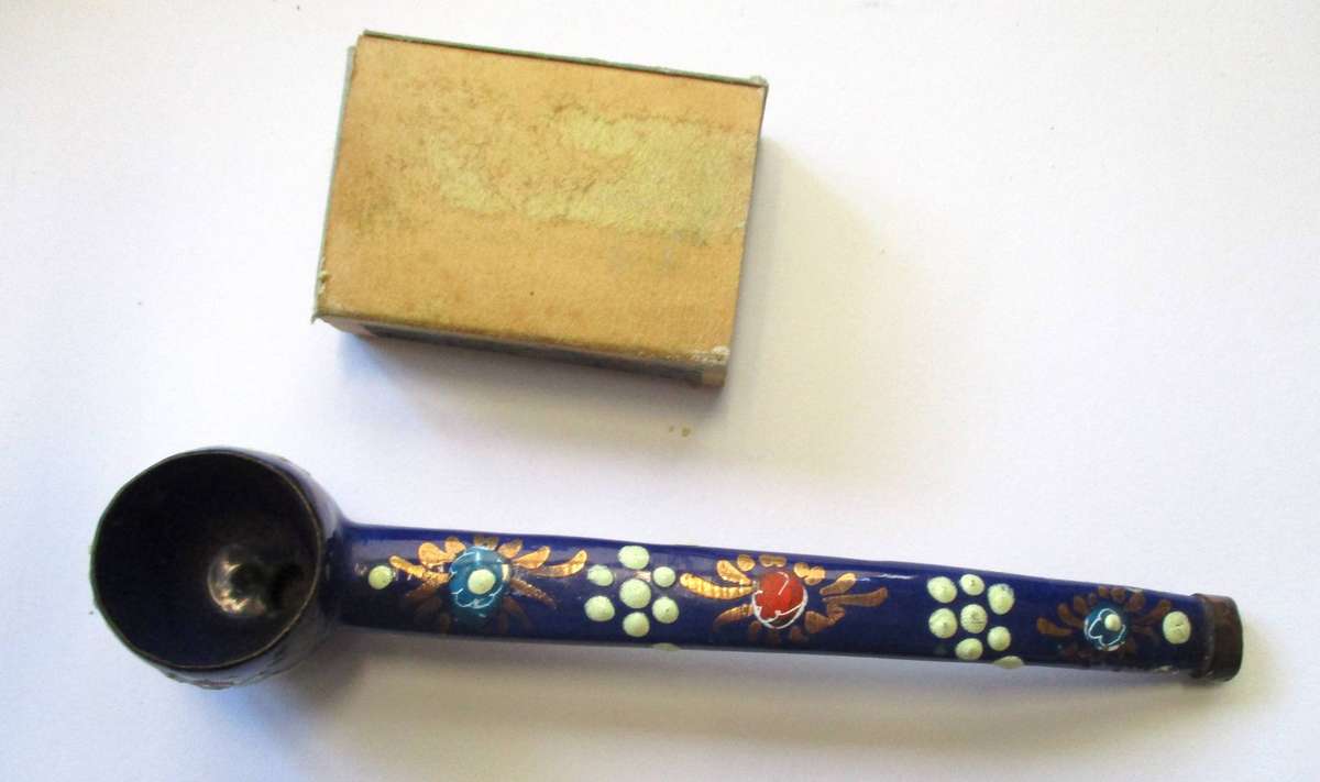 Vintage Enamel and Metal Pipe Smoking Hand Painted Folk
