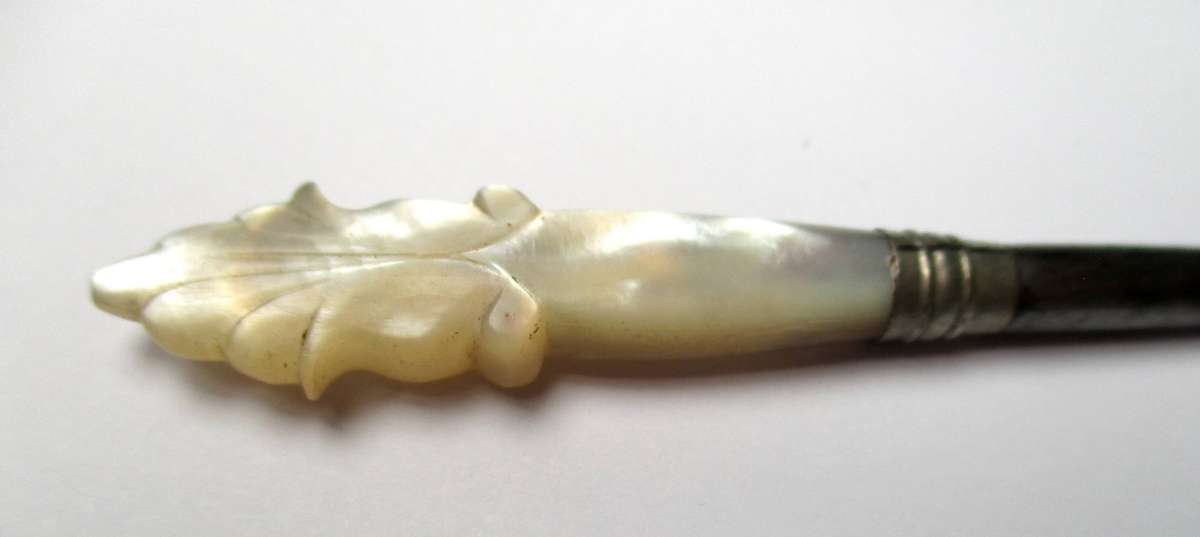 Antique / vintage sewing awl / punch - hand carved mother of pearl