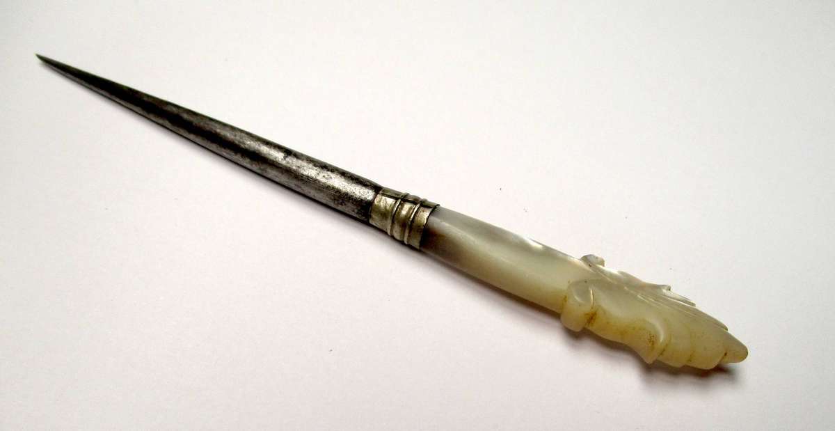 Antique / vintage sewing awl / punch - hand carved mother of pearl