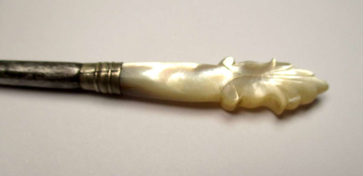 Antique / vintage sewing awl / punch - hand carved mother of pearl