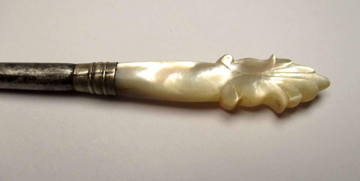 Antique / vintage sewing awl / punch - hand carved mother of pearl
