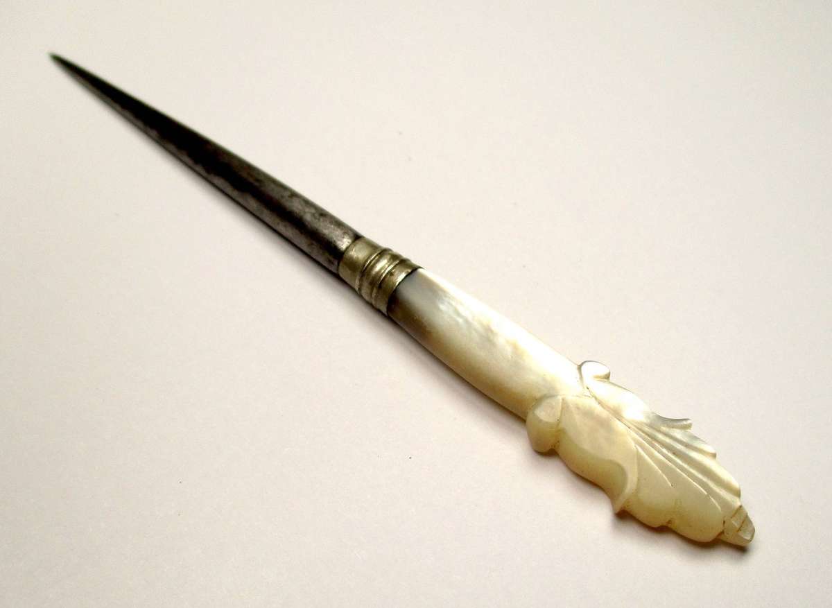 Antique / vintage sewing awl / punch - hand carved mother of pearl