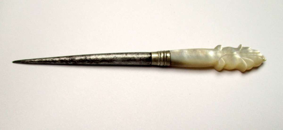 Antique / vintage sewing awl / punch - hand carved mother of pearl