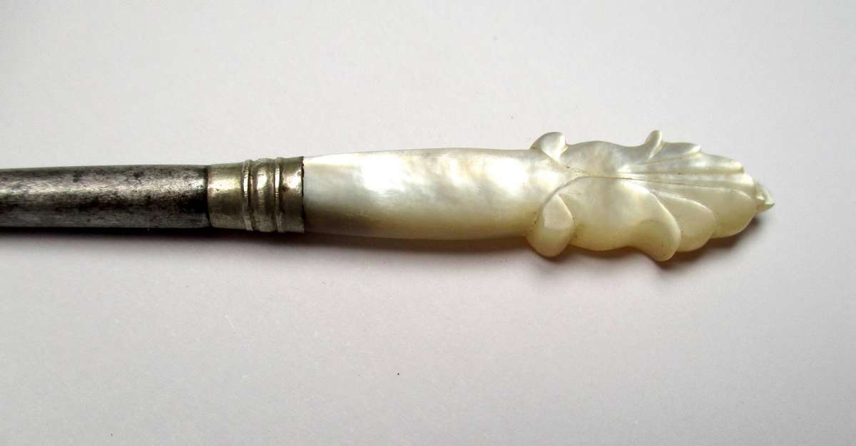 Antique / vintage sewing awl / punch - hand carved mother of pearl