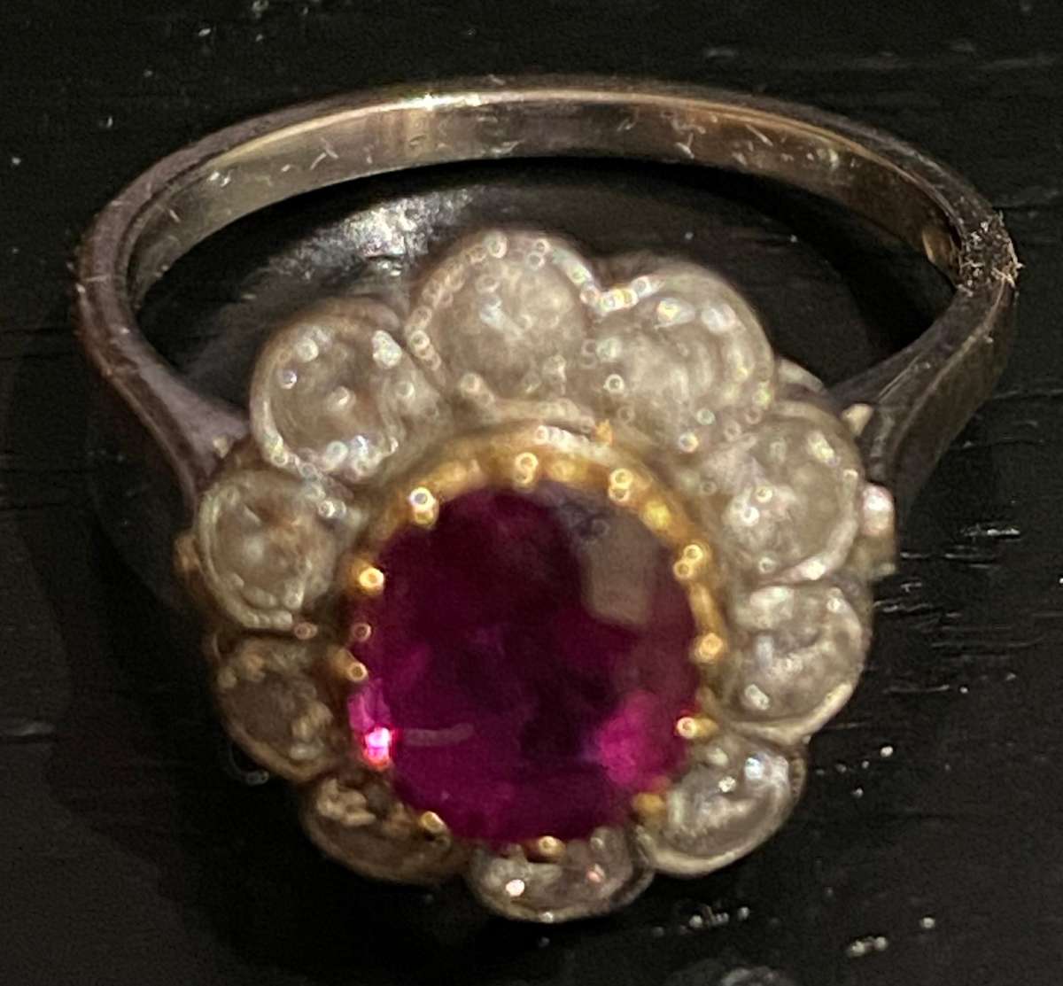 Ruby and approx. 1/2 carat Diamond Flower shaped ring on 18ct white gold