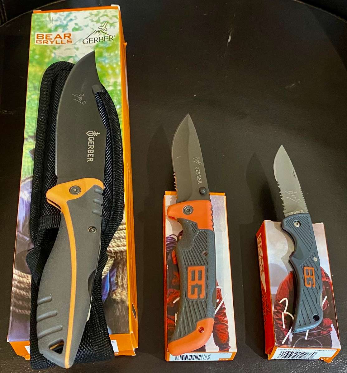 set of 3 Bear Grylls knives in boxes