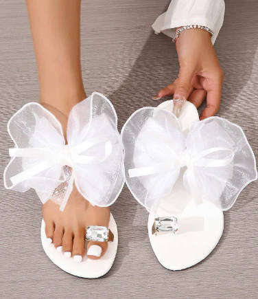 Bow Slipper With Gemstone Décor Buckle White