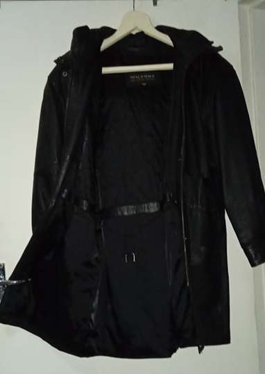 Wilsons Leather Black Hooded Mid-Length Jacket with Faux Fur Trim Hood