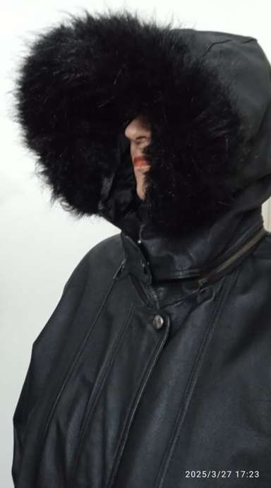 Wilsons Leather Black Hooded Mid-Length Jacket with Faux Fur Trim Hood