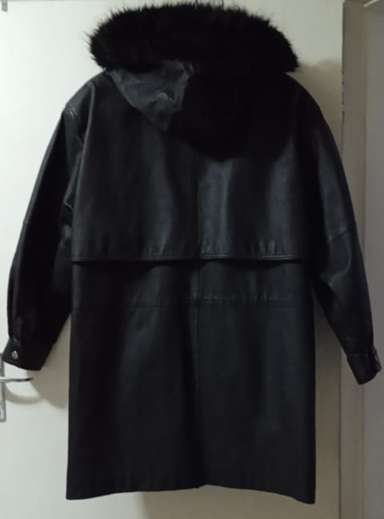 Wilsons Leather Black Hooded Mid-Length Jacket with Faux Fur Trim Hood