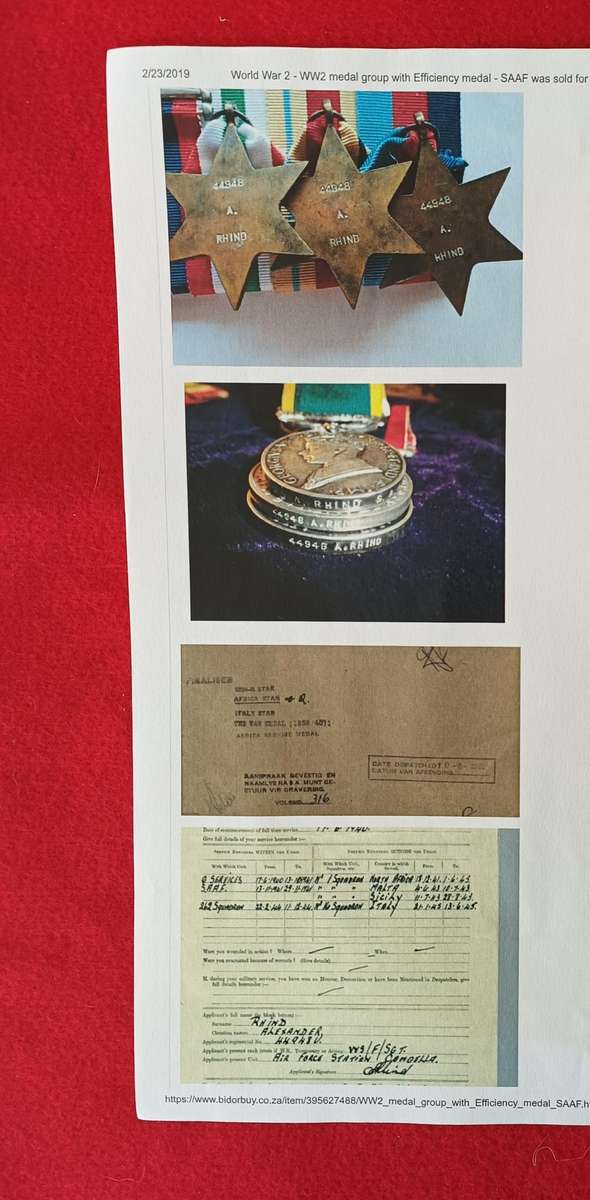 WW2 GROUP - F/SGT A. RHIND - S.A.A.F + EFFICIENCY MEDAL - FULL SIZE