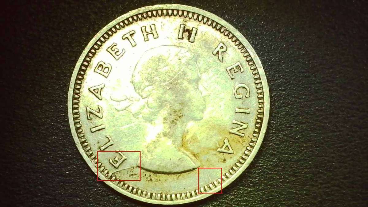 1956 South-African Union 3d (Tickey) - Obverse Lamination Error - 0042