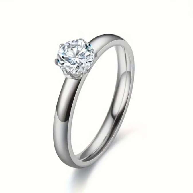 Stainless Steel Solitaire Engagement Promise Ring | Size 8