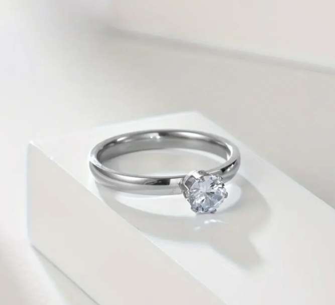 Stainless Steel Solitaire Engagement Promise Ring | Size 8