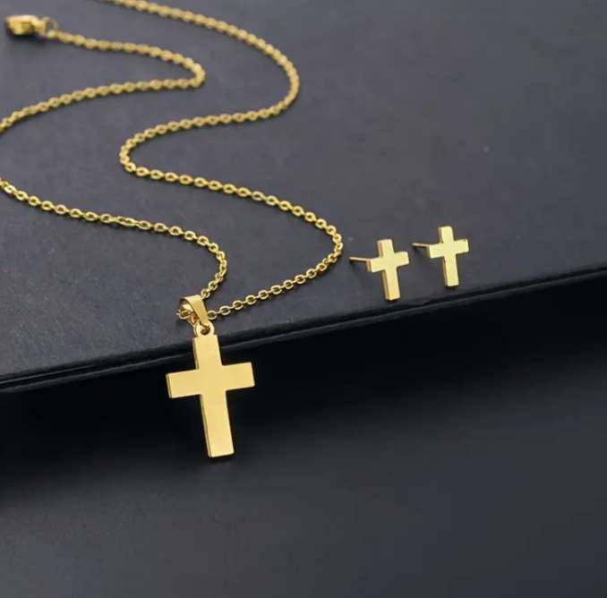 Stainless Steel Necklace and Earrings Set | Cross
