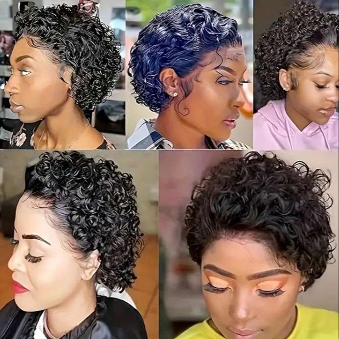 Synthetic 5x1 Lace Front Curly Pixie Wig - Black