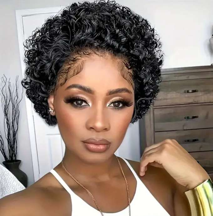 Synthetic 5x1 Lace Front Curly Pixie Wig - Black