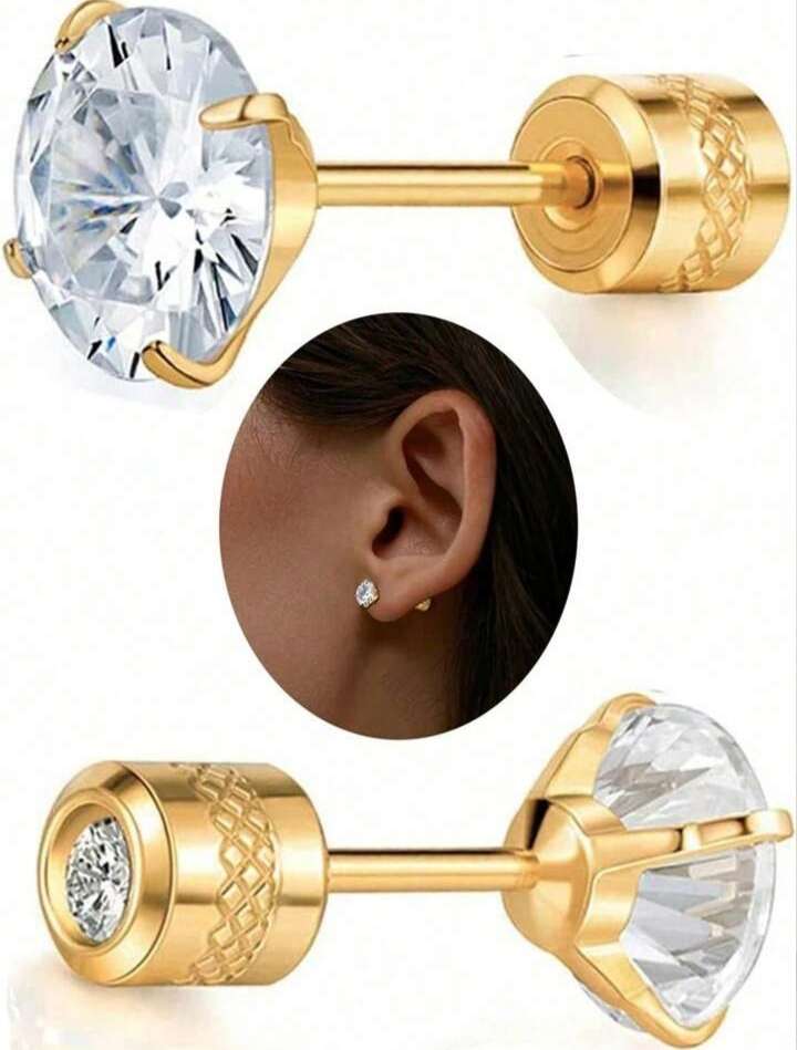 Stainless Steel Dual Sided CZ Stud Earrings | Gold