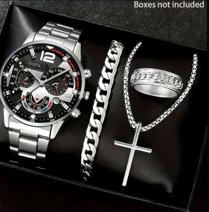 Mens Quartz Watch Set | 4 Piece Jewellery Set for Men