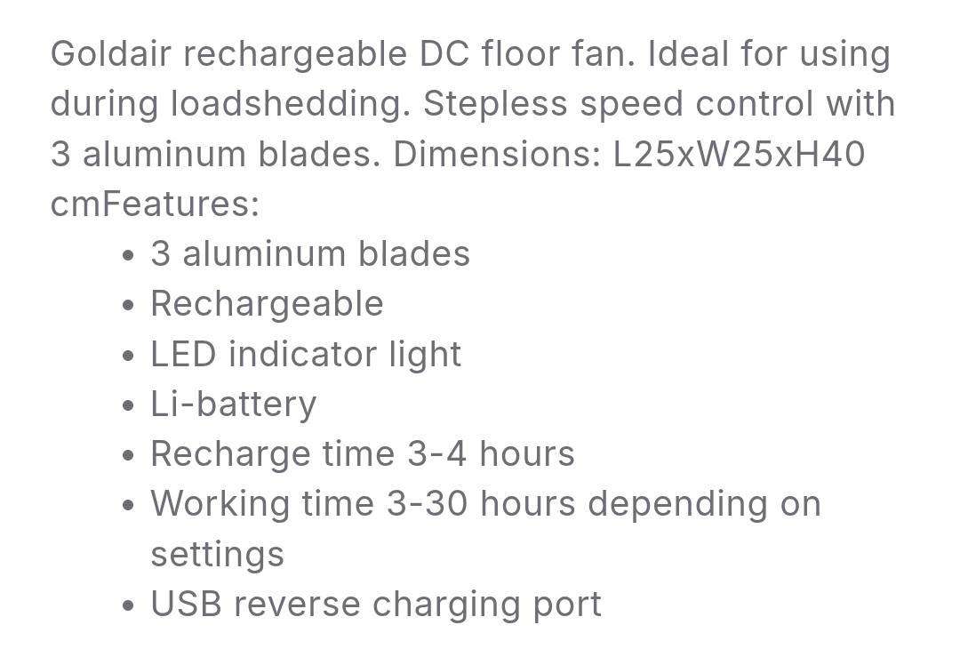 GOLDAIR 12" High Velocity Floor Standing Rechargeable FAN