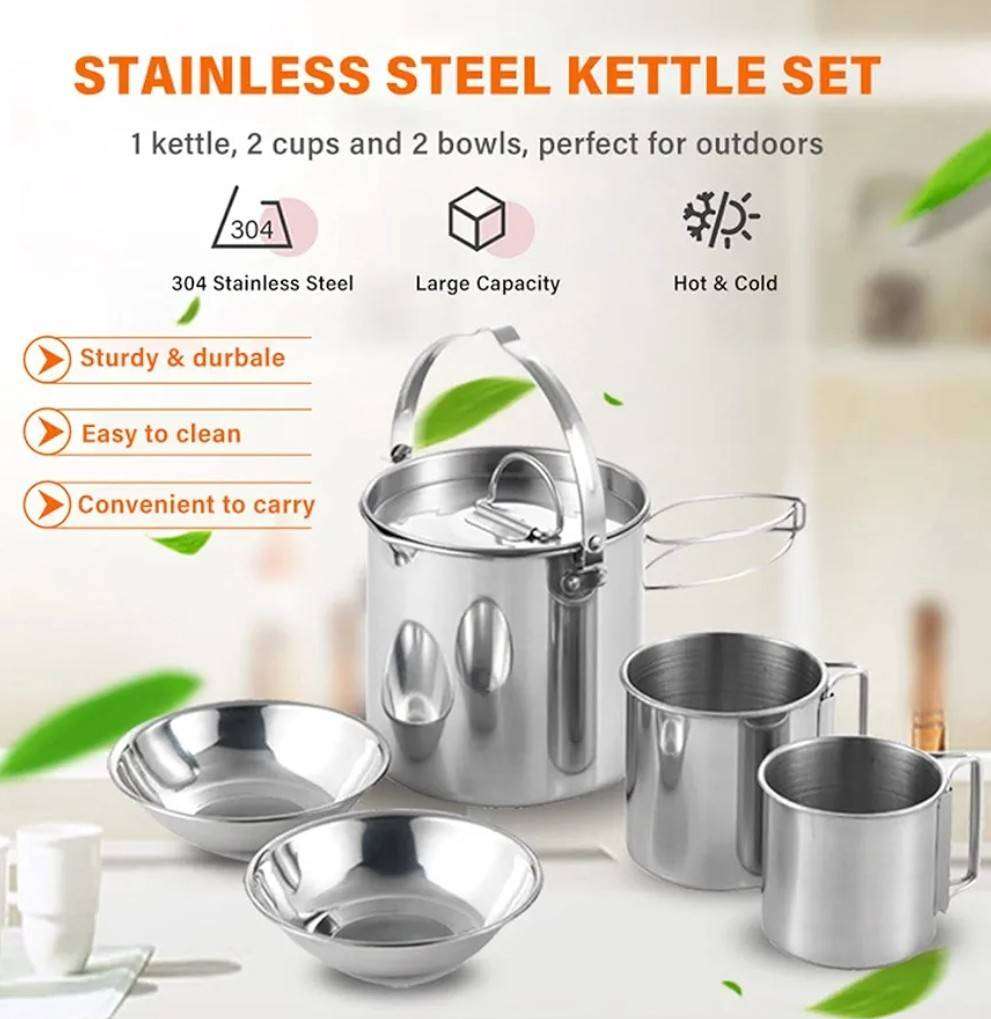 5 Pieces Stainless Steel Outdoor Tea/Coffee Kettle Set