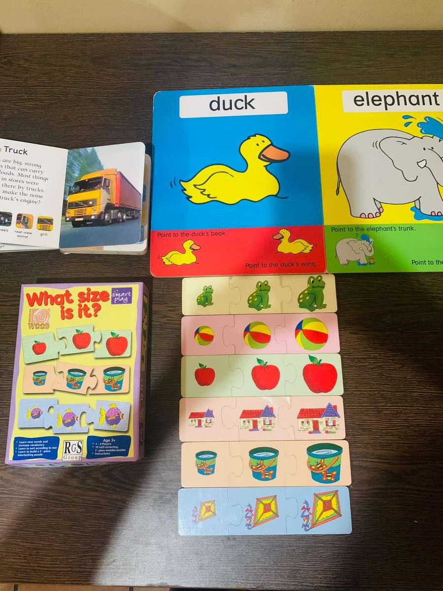 2x Hard Cover page books, Puzzle and Wooden Hippo