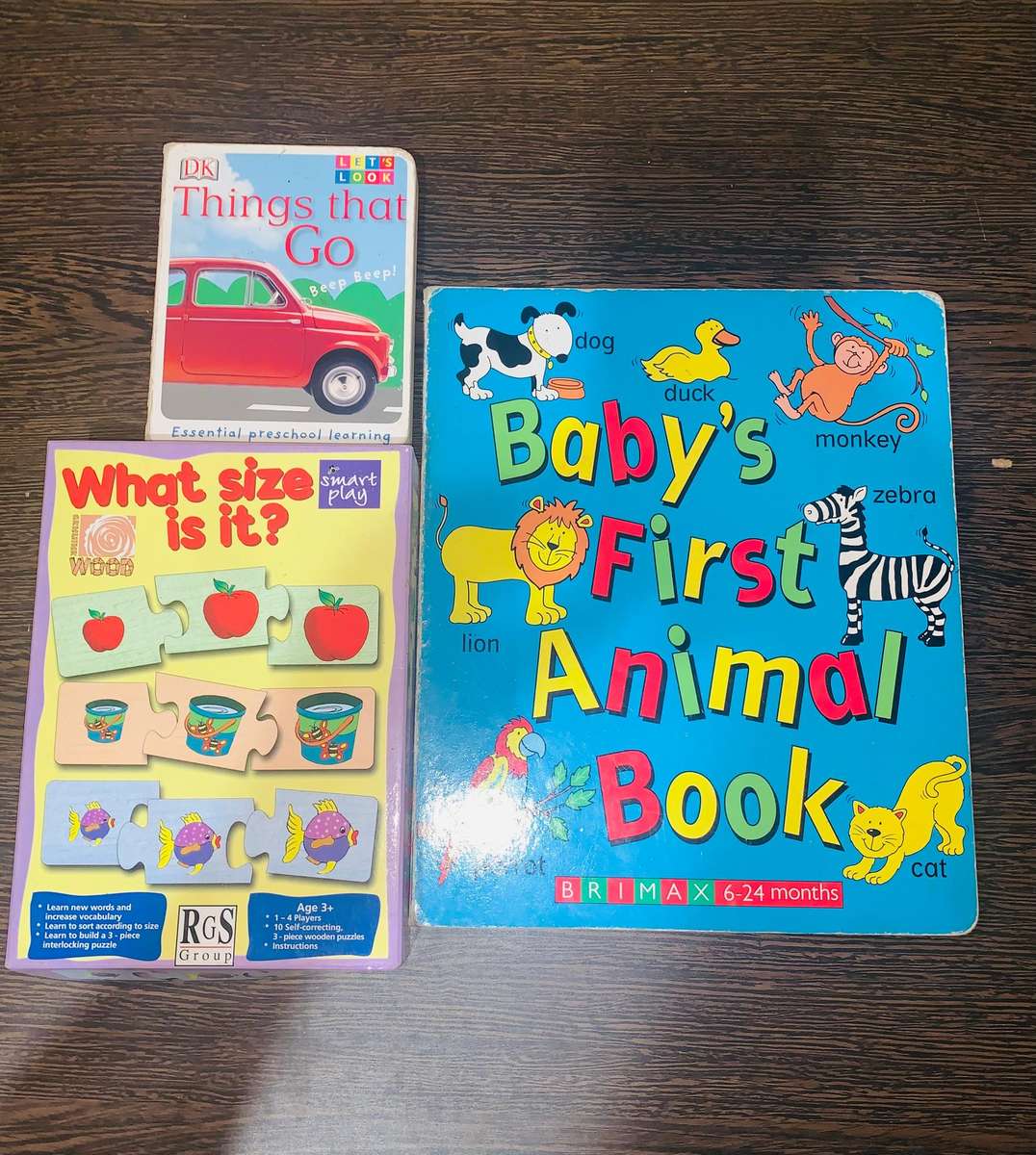 2x Hard Cover page books, Puzzle and Wooden Hippo