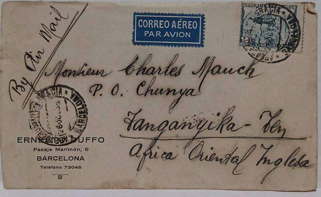 Airmail cover from Barcelona to tanganika 1935
