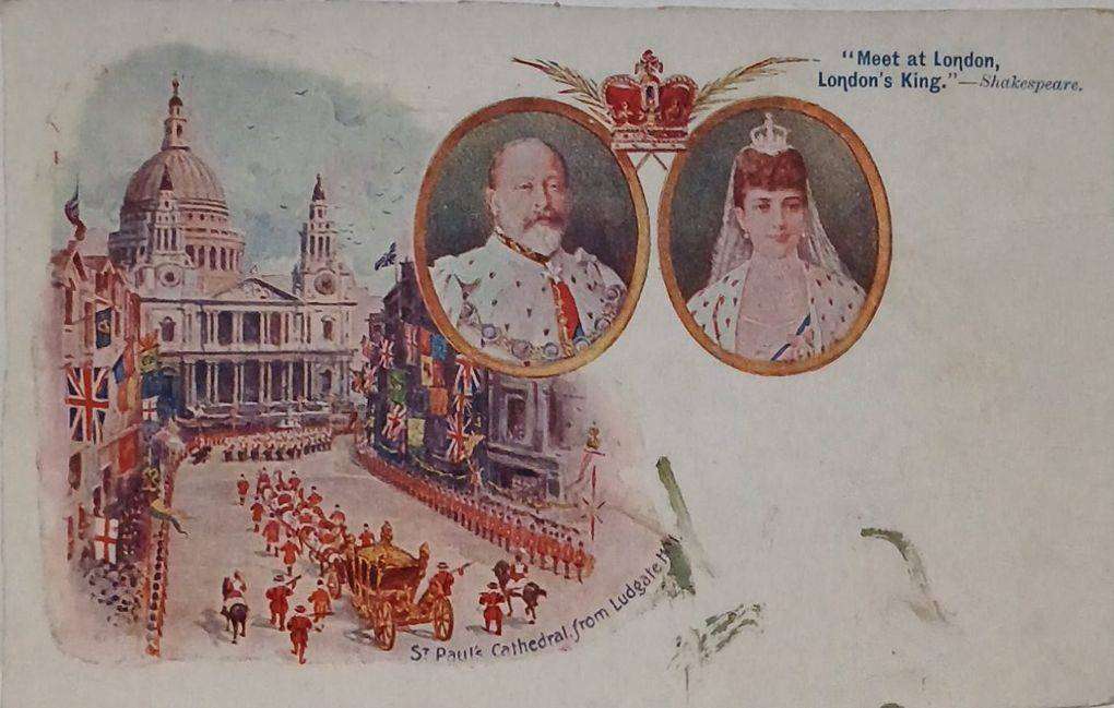 Commemorative postcard of King Edward VII coronation welding Bazaar children fashion card 1902