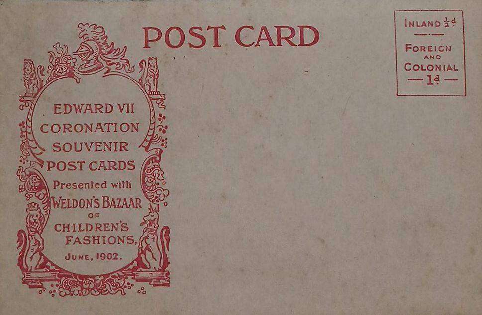 Commemorative postcard of King Edward VII coronation welding Bazaar children fashion card 1902