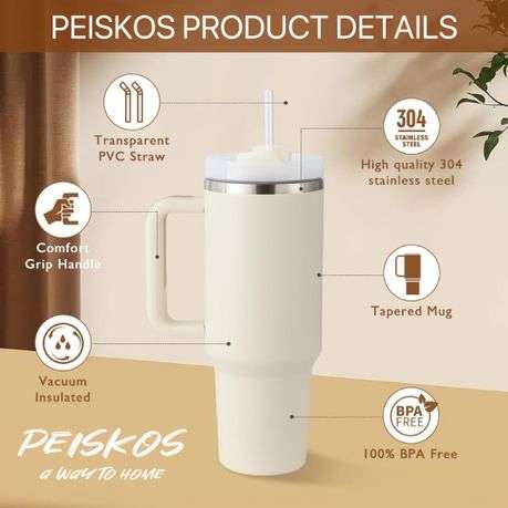 Premium PEISKOS  Tumbler with Handle Straw Stainless Steel Vacuum Mug