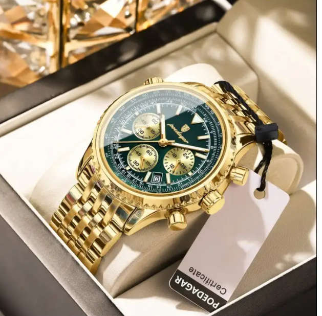 Premium POEDAGAR Men's Luminous Chronograph Quartz Watch - Sleek Stainless Steel Design (Green)