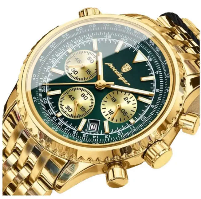Premium POEDAGAR Men's Luminous Chronograph Quartz Watch - Sleek Stainless Steel Design (Green)