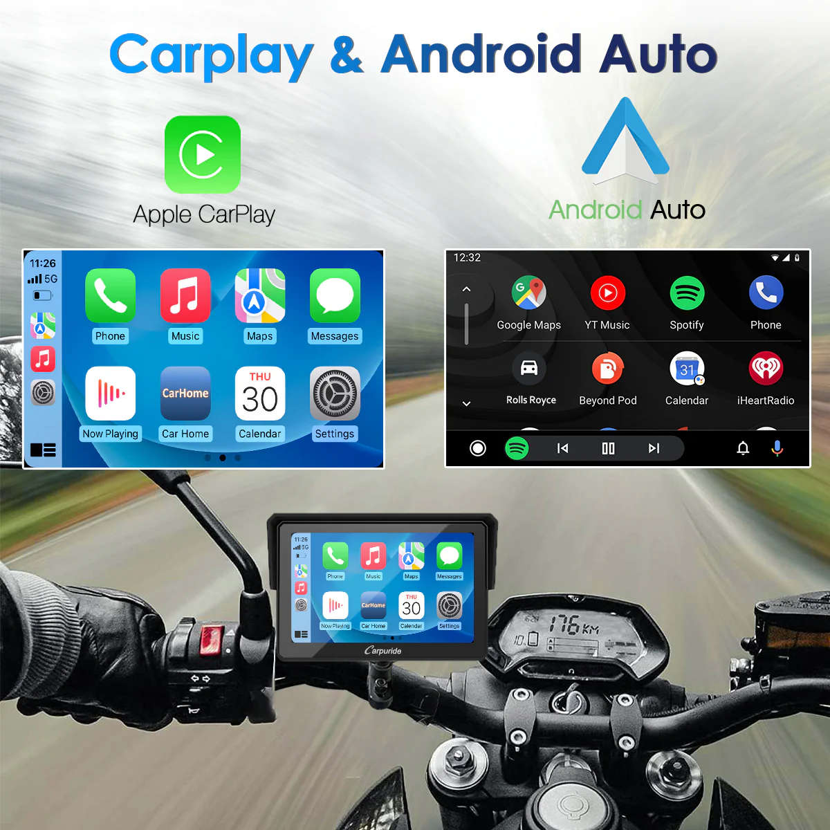 Carpuride W502 Motorcycle GPS Wireless Portable Carplay/Android Auto Waterproof Car Stereo, 5" IPS T