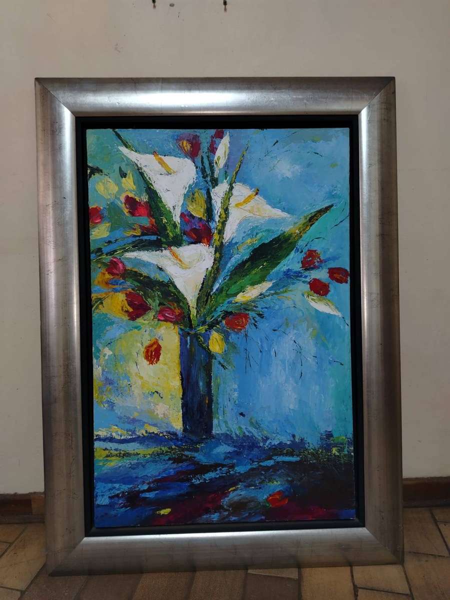 Large Flower Oil Painting with Thick Silver Frame