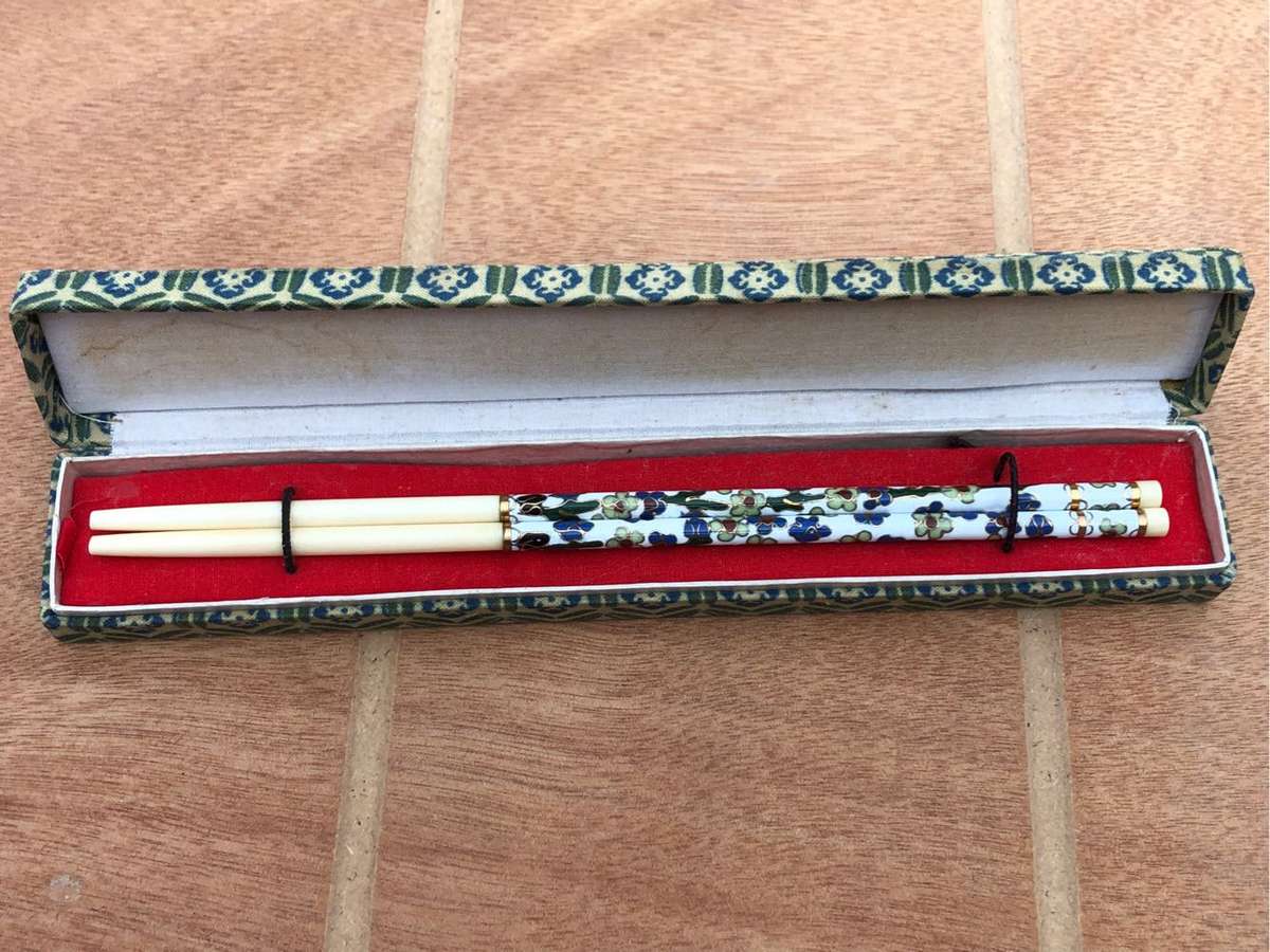 Stunning boxes set of Cloisonné and Ivory chop sticks