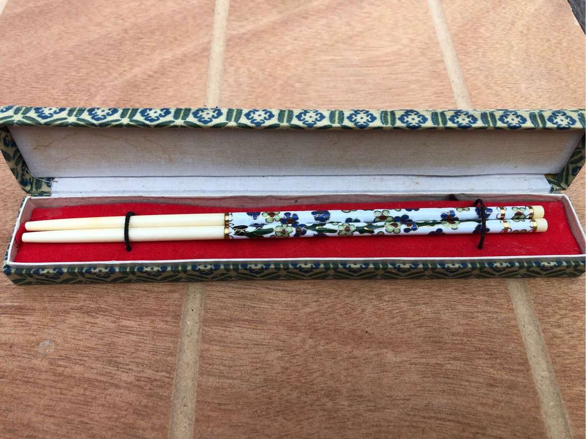Stunning boxes set of Cloisonné and Ivory chop sticks